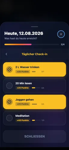 Täglicher Check-in: Missionen des Tages zum Abhaken, zwei von vier erledigt